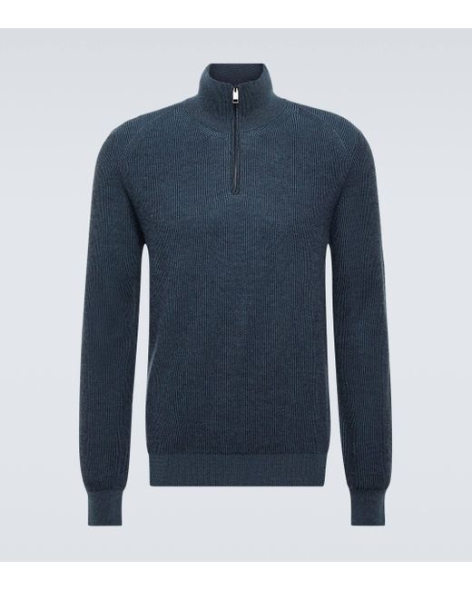 Brioni Blue Cashmere, Wool, And Silk Half-zip Sweater for men