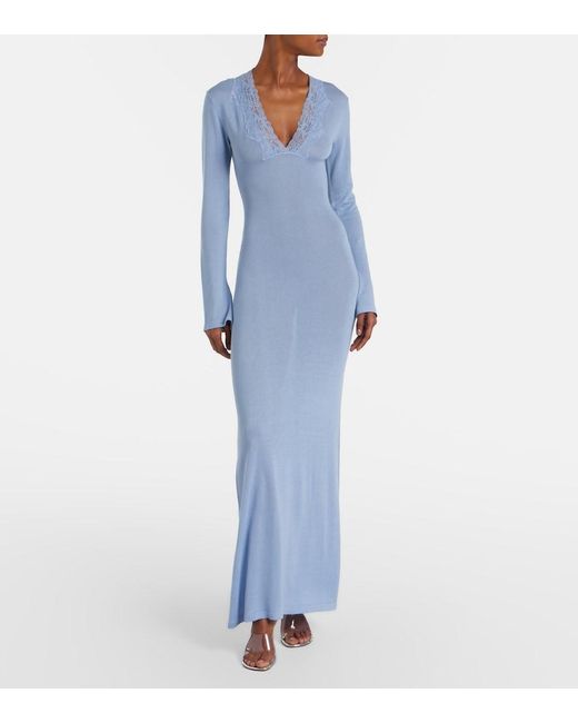 AYA MUSE Blue Lace-Trimmed Maxi Dress