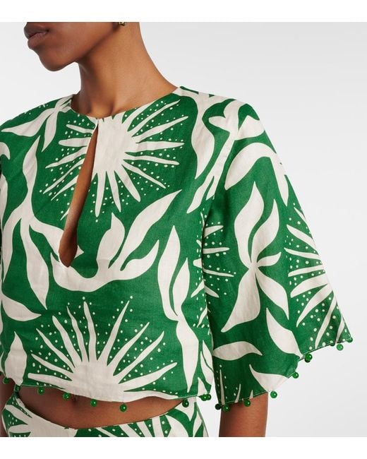 Cala De La Cruz Green Iris Beaded Printed Linen Crop Top