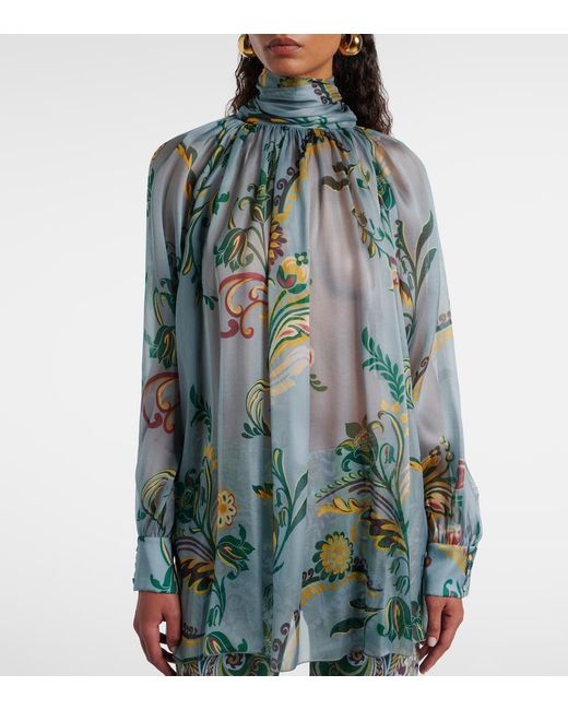Etro Blue Printed Ruched Silk Top