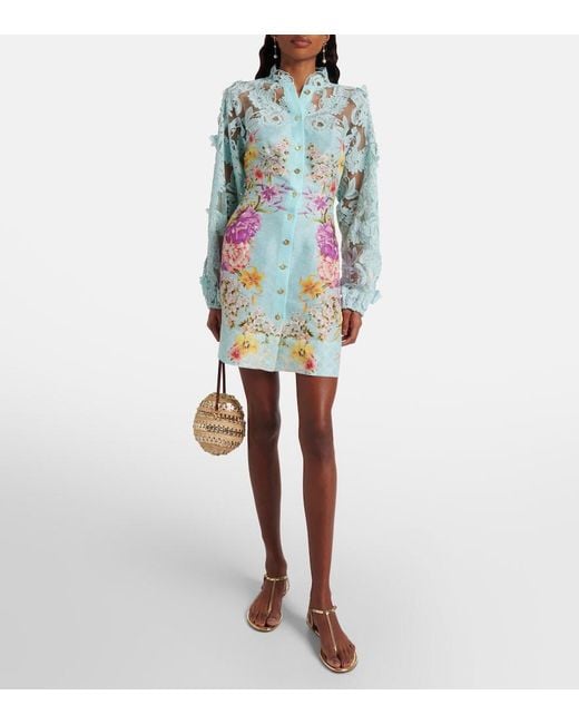 Camilla Blue Embellished Lace-Trimmed Linen And Silk Minidress