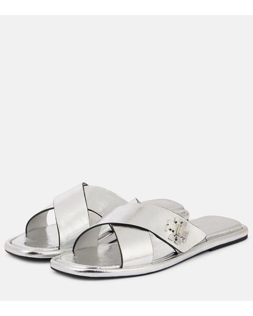 Tory Burch White Pantoletten T Lock Aus Metallic-Leder