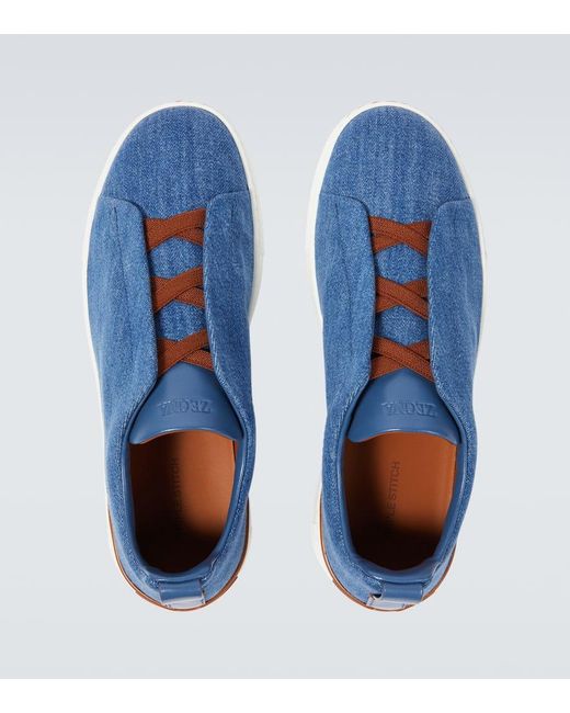 Zegna Blue Triple Stitch Denim Sneakers for men