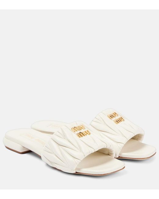 Miu Miu Natural Logo Matelasse Leather Slides