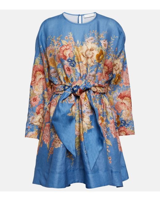 Mini-robe En Lin À Imprimé Fleuri Et À Ceinture August Zimmermann en coloris Blue