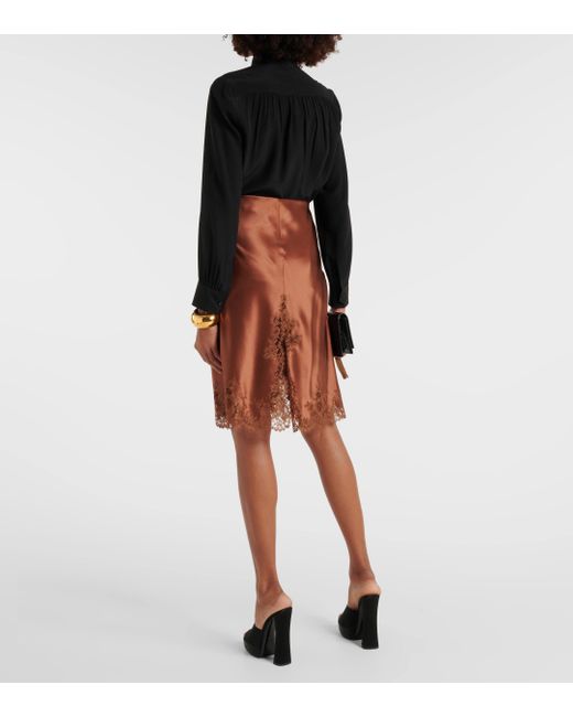 Mini-jupe en satin de soie et dentelle Saint Laurent en coloris Brown