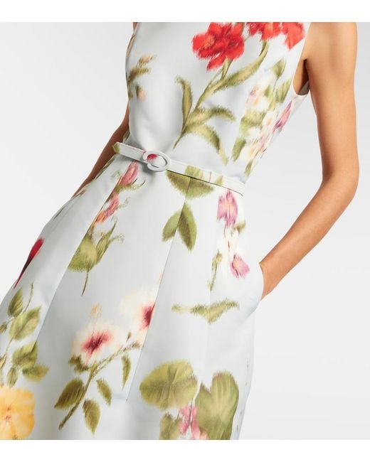 Oscar de la Renta White Belted Floral Faille Cocktail Dress