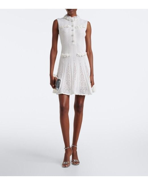 Self-Portrait White Embellished Knitted Cotton Minidress