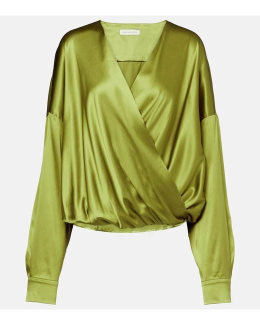 Dries Van Noten Green Draped Silk-Blend Satin Blouse