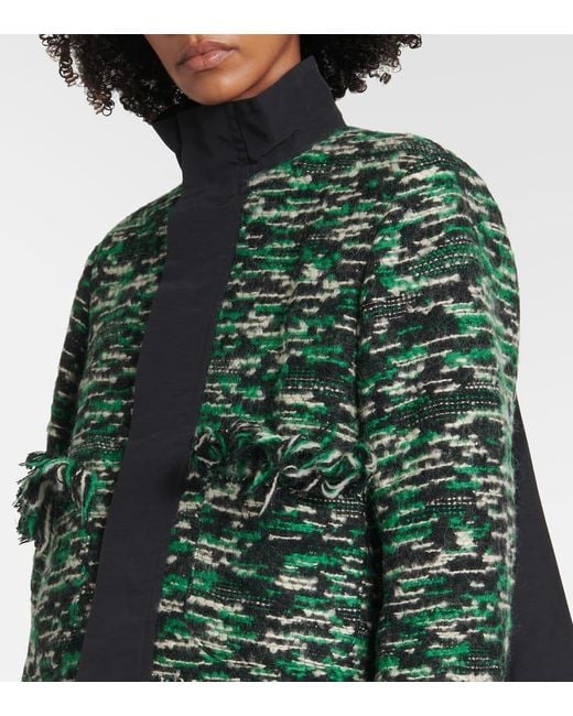Sacai Green Fringed Wool-Blend Tweed Jacket