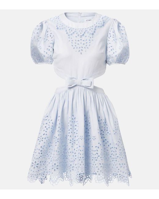 Self-Portrait Blue Embroidered Bow-Detail Cutout Minidress