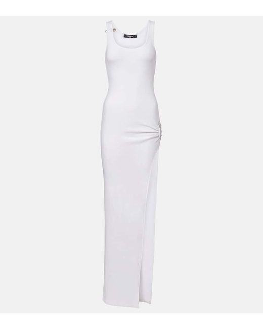 Versace White Safety Pin Draped Cotton-Blend Maxi Dress
