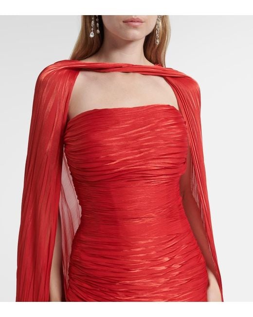 Marmar Halim Red Caped Pleated Bustier Gown