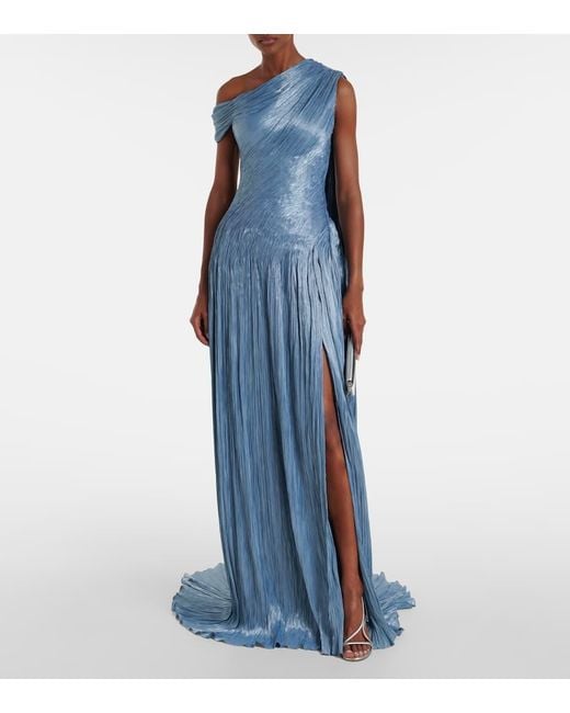 Marmar Halim Blue Draped Pleated Silk Chiffon Gown