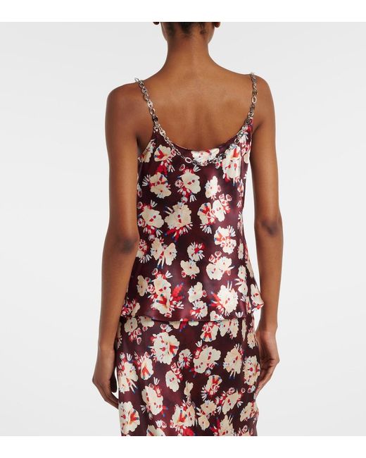 Rabanne Red Chain-Detail Floral Silk Satin Top