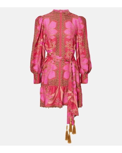 Vestido Corto Floral Glam Scarf De Saten Farm Rio de color Red