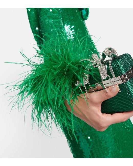 Self-Portrait Green Feather-Trimmed Sequined Midi Dress