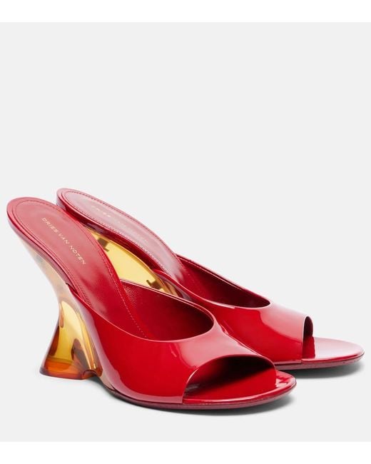 Dries Van Noten Red Patent Leather Wedge Mules