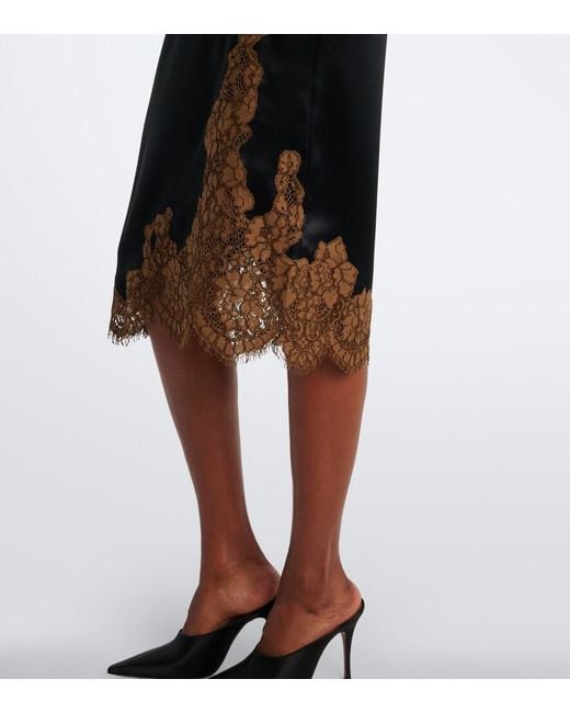 Dorothee Schumacher Black Shiny Statement Lace-Trimmed Satin Midi Skirt