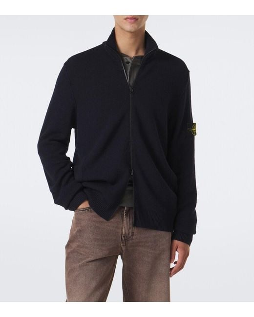 Stone Island Blue Compass Badge Virgin Wool Zip-Up Cardigan for men