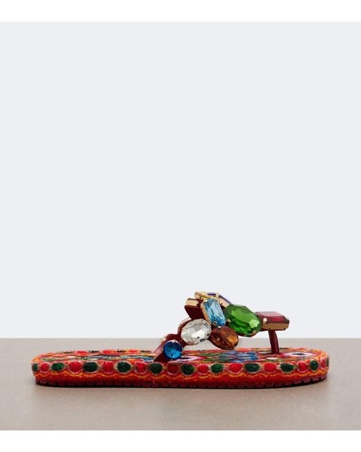 Dolce & Gabbana Red Embellished Leather Thong Sandals