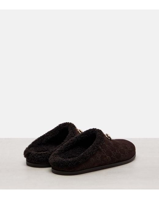 Gucci Brown Slippers New Sol Gg Horsebit Aus Veloursleder