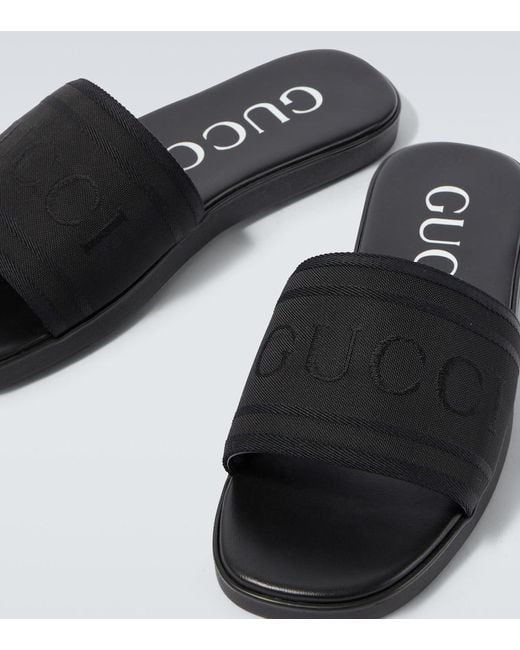 Gucci Black Logo Canvas And Leather Slides for men