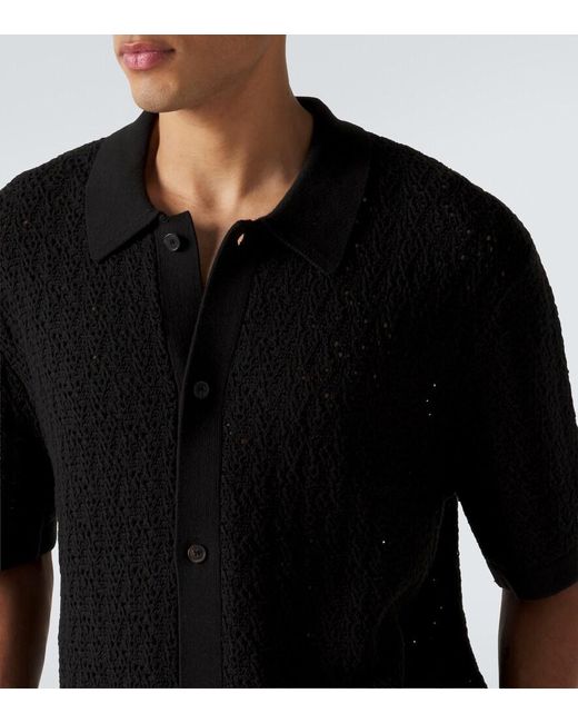 FRAME Black Crochet Cotton-Blend Polo Shirt for men
