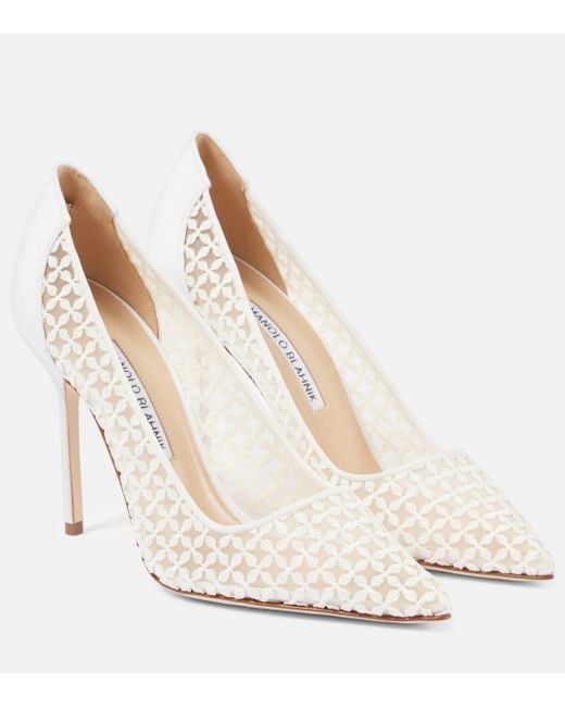 Manolo Blahnik White Bridal Tora 105 Lace Pumps