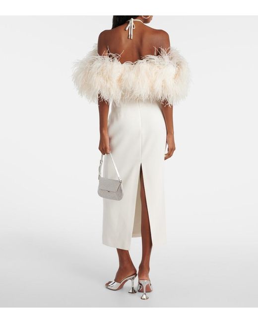 David Koma White Bridal Feather-Trimmed Midi Dress
