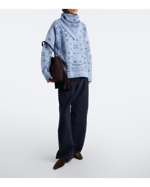 Alanui Blue Bandana Jacquard Virgin Wool Sweater