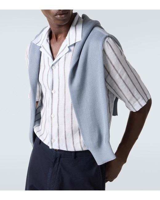 Brunello Cucinelli White Striped Linen Bowling Shirt for men