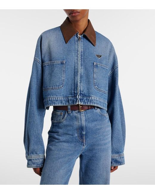 Prada Blue Leather-Trimmed Cropped Denim Jacket