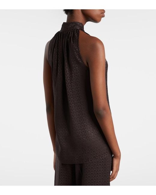 Gucci Black Horsebit Tie-Neck Silk Jacquard Top