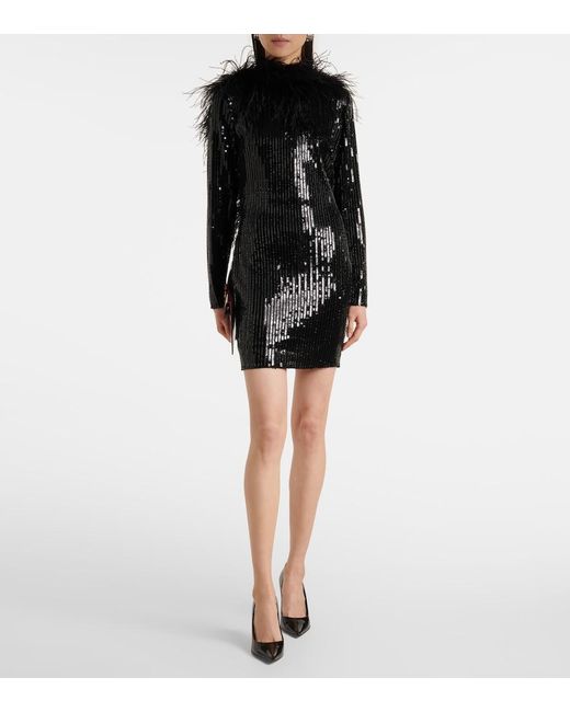 The New Arrivals Ilkyaz Ozel Black Juises Feather-Trimmed Sequined Minidress