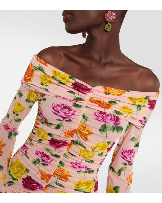 Magda Butrym Pink Ruched Off-Shoulder Floral Minidress