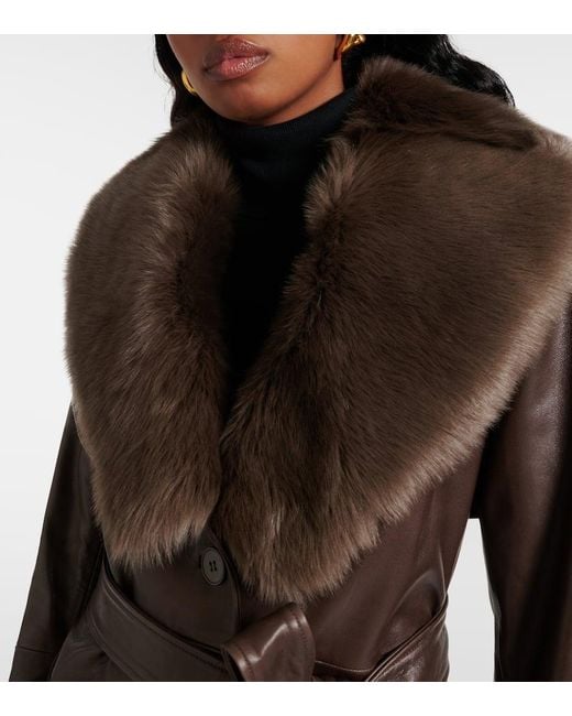 Nour Hammour Brown Dakota Shearling-Trimmed Leather Trench Coat