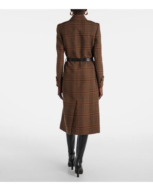 Saint Laurent Brown Belted Prince Of Wales Wool Coat