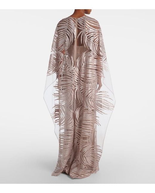 Elie Saab Natural Embroidered Sheer Tulle Gown