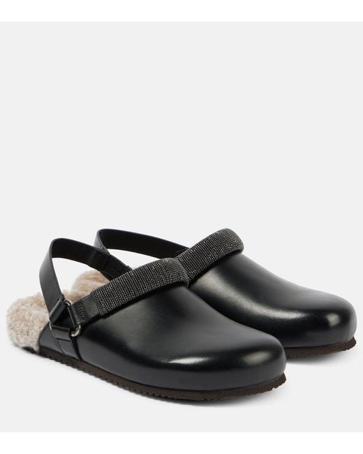 Brunello Cucinelli Black Verzierte Slippers Aus Leder Mit Shearling