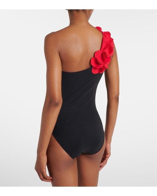 Karla Colletto Blue Tess Floral-Applique One-Shoulder Swimsuit