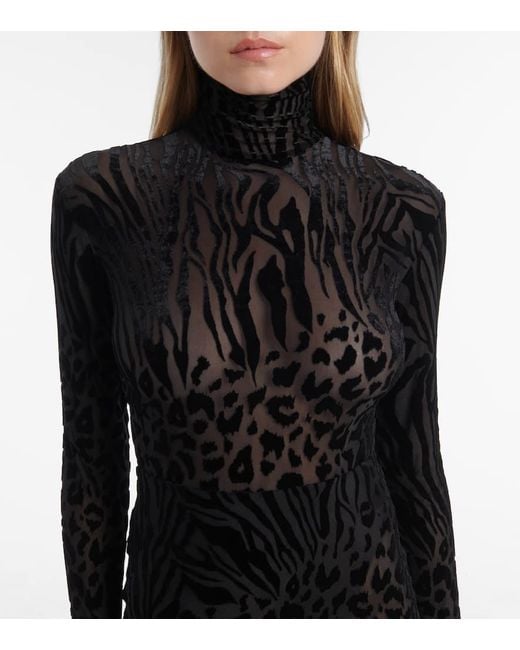 Alex Perry Black Sheer Animal-Print Devore Maxi Dress