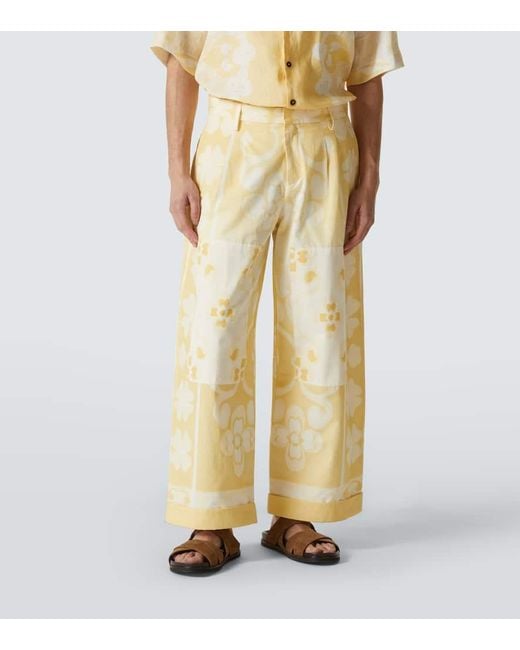 Commas Yellow Seaside Printed Cotton And Silk Pants for men
