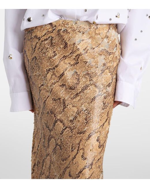 Dries Van Noten Natural Sequined Snake-Print Pencil Skirt