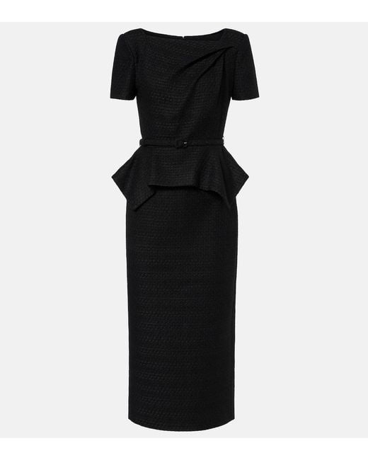 Roland Mouret Black Belted Peplum Boucle Midi Dress