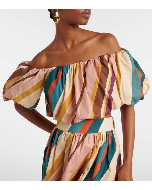 Adriana Degreas White Striped Off-Shoulder Cotton-Blend Crop Top