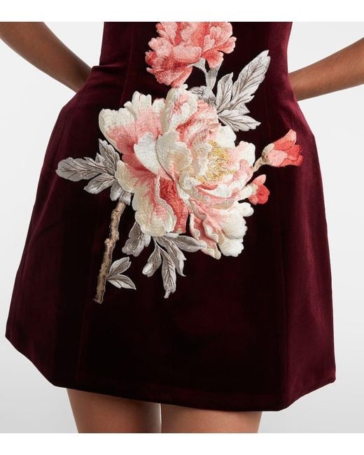 LEO LIN Red Rosario Floral-Applique Velvet Minidress