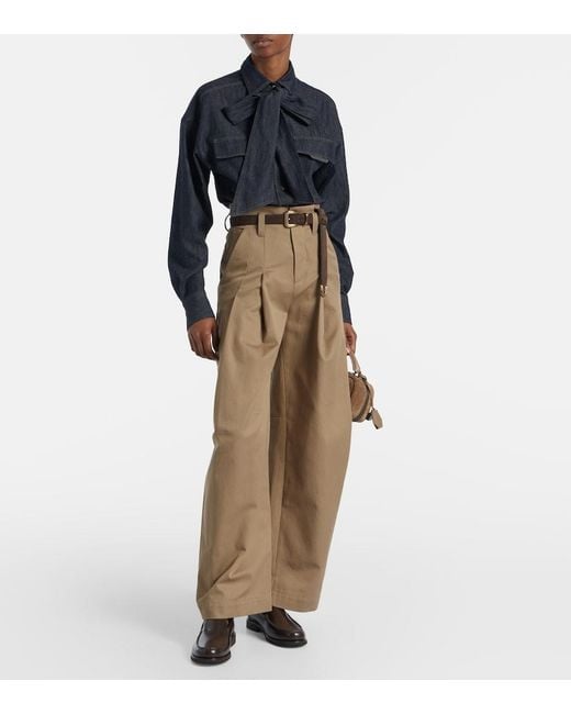 Brunello Cucinelli Blue Bow-Tie Cotton Blouse