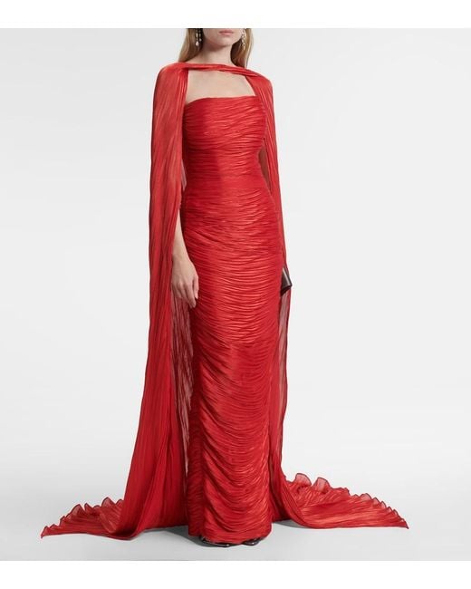Marmar Halim Red Caped Pleated Bustier Gown