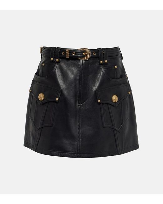 Balmain Black Belted A-Line Leather Miniskirt